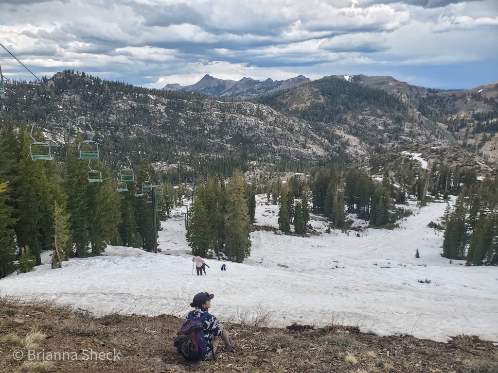 Hiking in snow up Shirley Canyon to High Camp at Squaw Valley