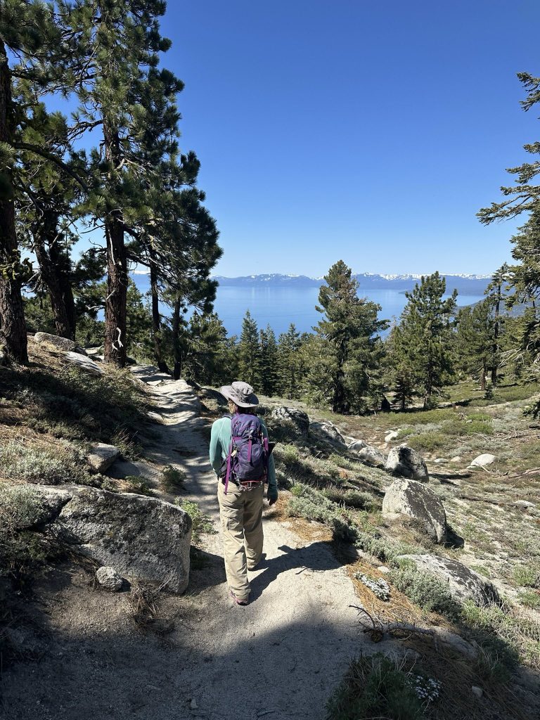 Hiking on the Tahoe Rim Trail from Tahoe Meadows to Tunnel Creek with Lake Tahoe in the distance