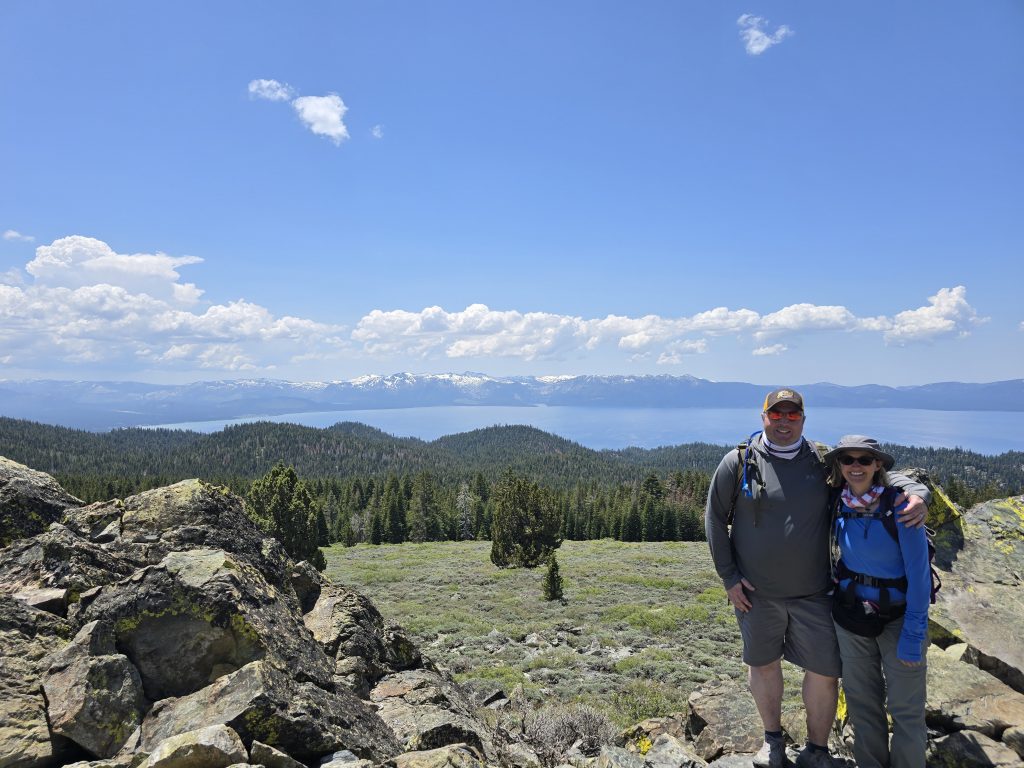 Standing near the pile of rocks before arriving at The Bench on the Tahoe Rim Trail