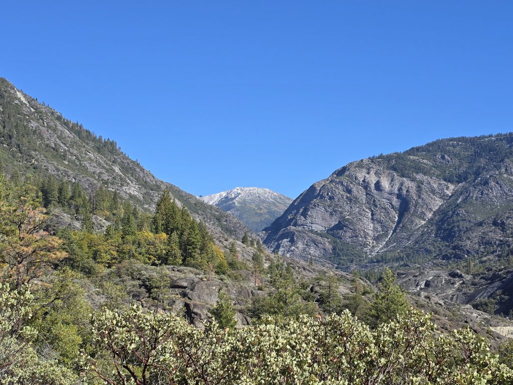Mokelumne Peak through the canyon on Salt Springs Reservoir trail