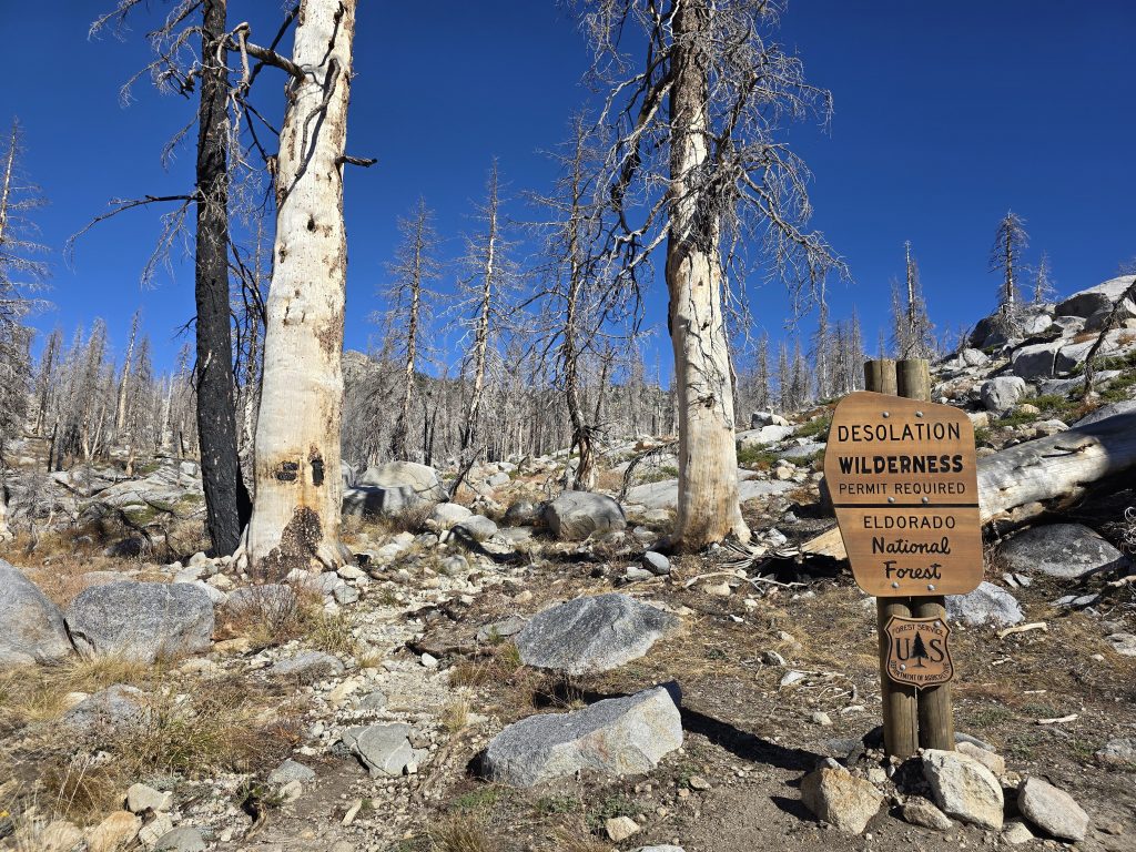 Desolation Wilderness sign on Lyons Creek Trail on hike to Lyons Lake