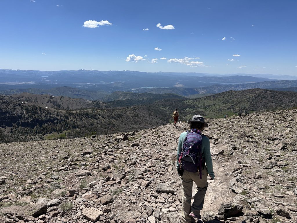 The trail down from Mt. Rose Summit with Boca, Prosser Creek, and Stampede reservoirs visible in the far distance