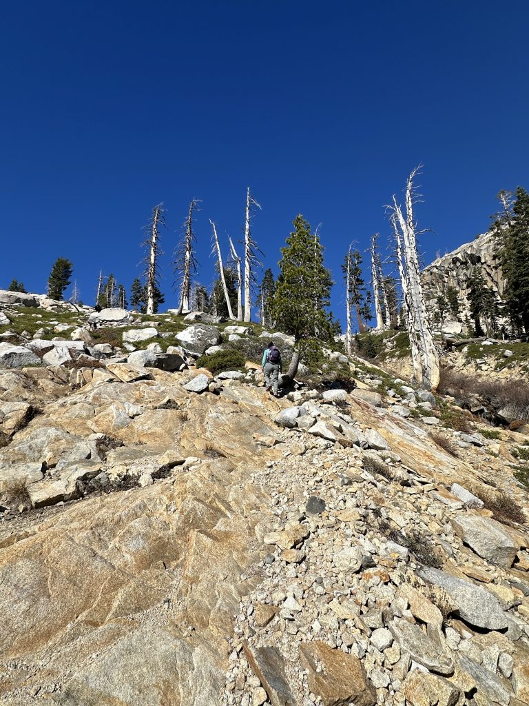 Ascending the rocky trail on the hike to Lyons Lake in Desolation Wilderness
