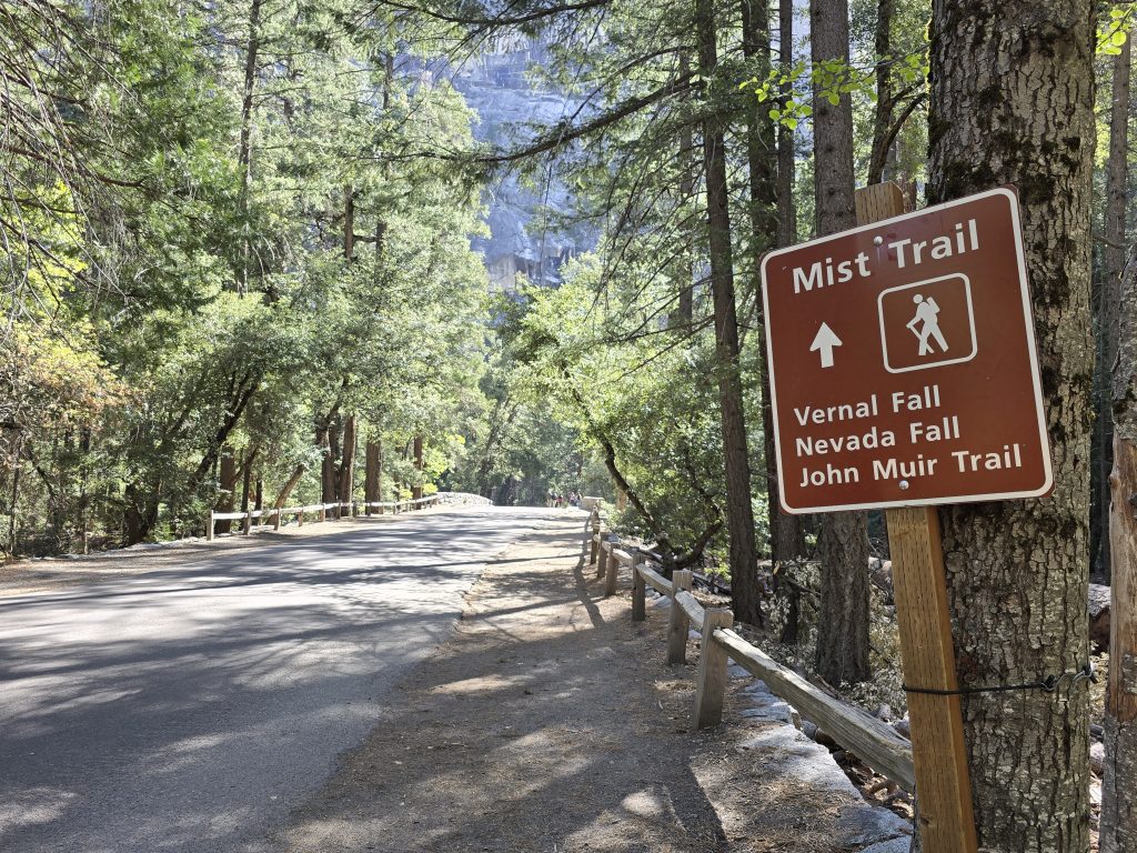 Sign for the Mist Trail hike to Vernal Falls and Nevada Falls in Yosemite National Park