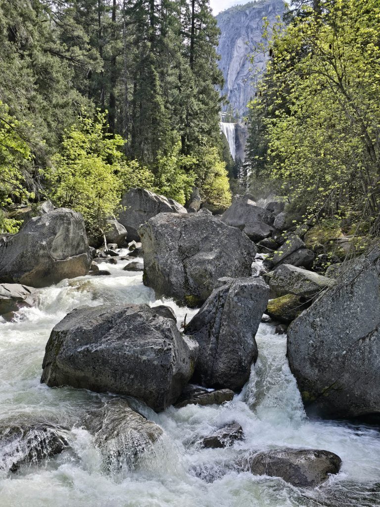 View of Vernal Falls and Merced River from Vernal Footbridge in Yosemite