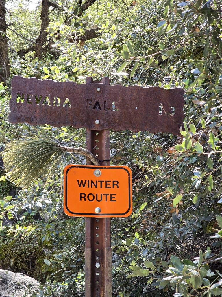 Trail sign for Nevada Falls in Yosemite