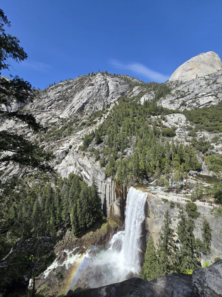 View of Vernal Falls and Half Dome from John Muir Trail en route to Clark Point in Yosemite