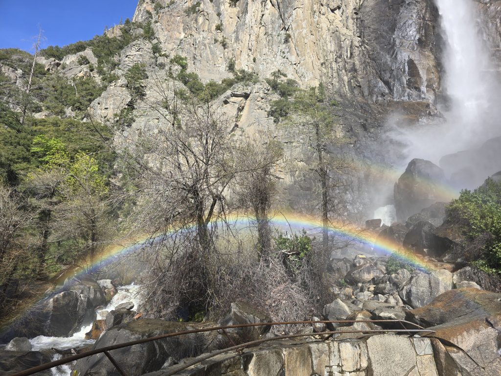 Double rainbow at the base of Bridalveil Falls in Yosemite National Park