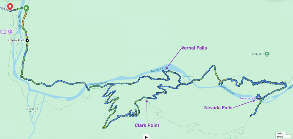 Winter hiking route on the John Muir Trail and Mist Trail to Vernal Falls, Nevada Falls, and Clark Point in Yosemite