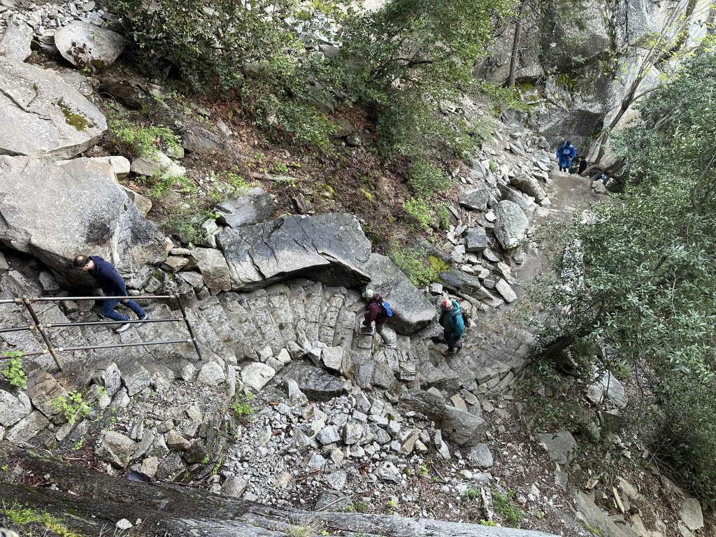 Ascending stone steps on the Mist Trail in Yosemite to the top of Vernal Falls