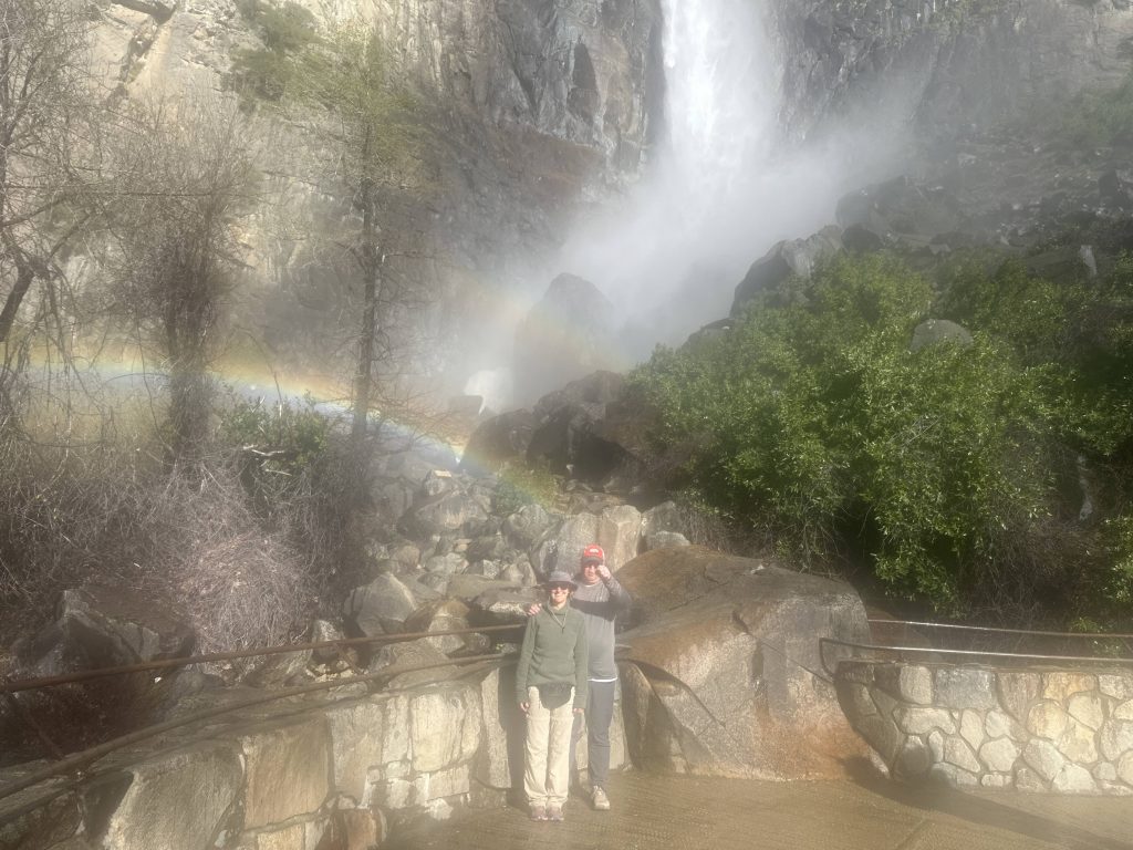 Blurry photo at Bridalveil Falls due to heavy mist spraying from the falls