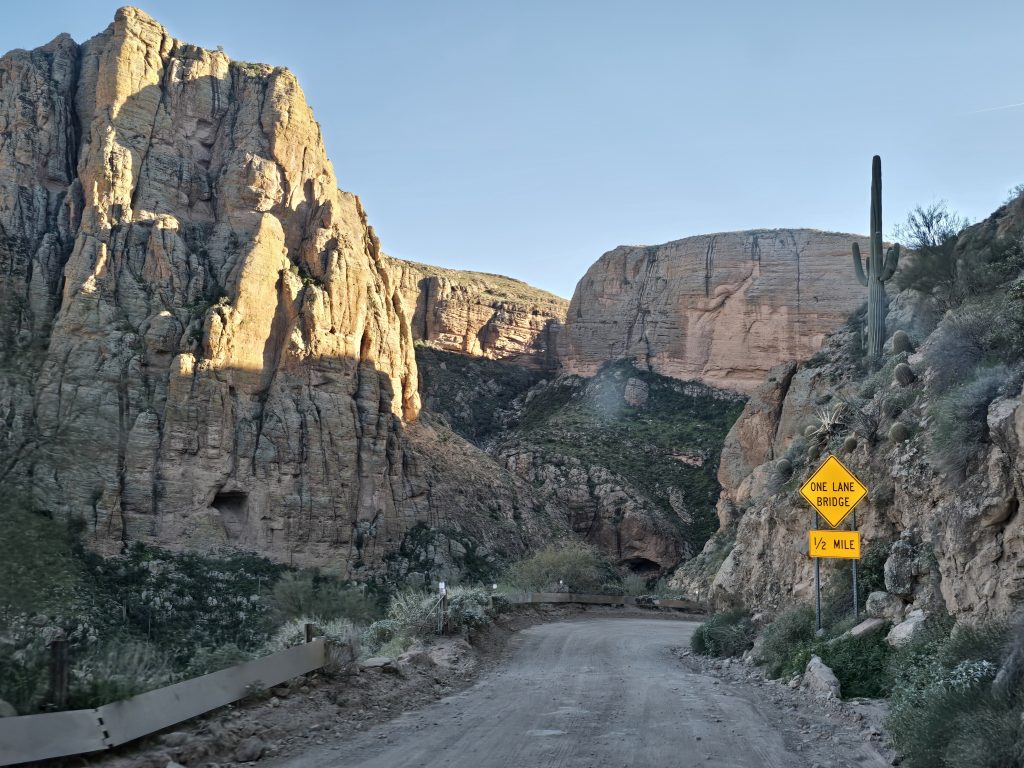 Apache Trail to Fish Creek Bridge with one-lane bridge sign in Arizona
