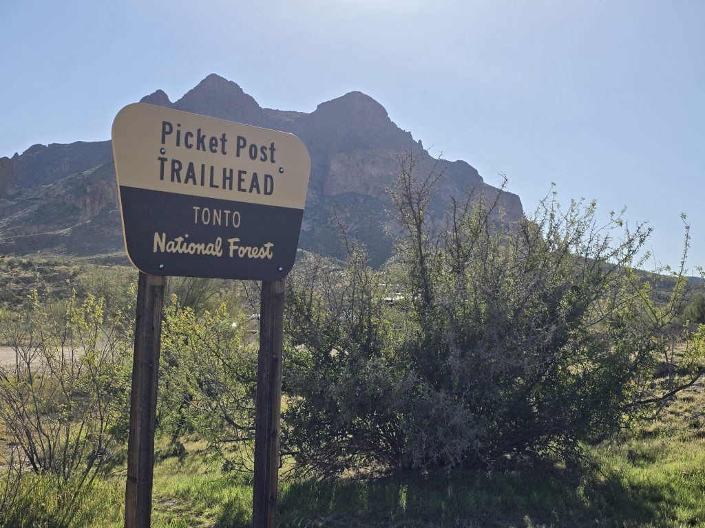 Picketpost or Picket Post Trailhead sign with Picketpost Mountain in the background