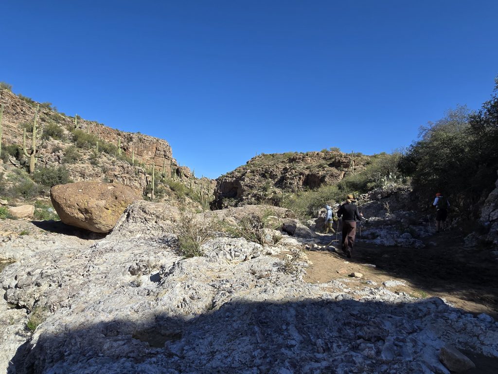 Crossing a wash on the Picketpost Mountain Loop hike in Arizona