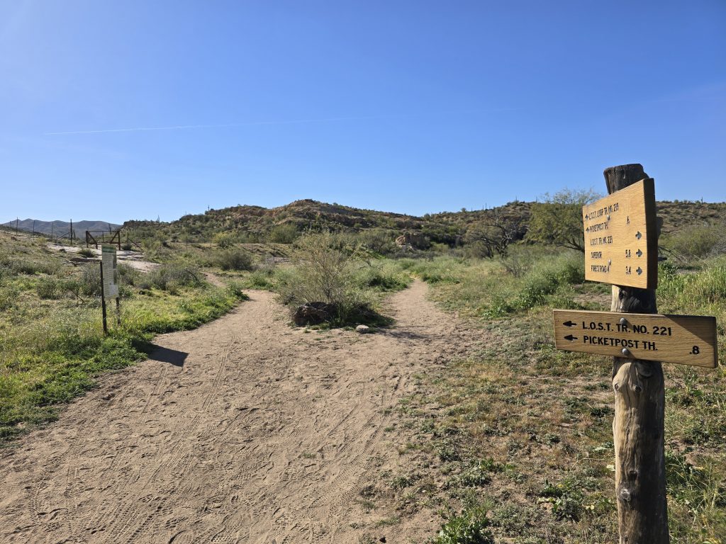 Trail signage on Picketpost Mountain Loop hike in Arizona