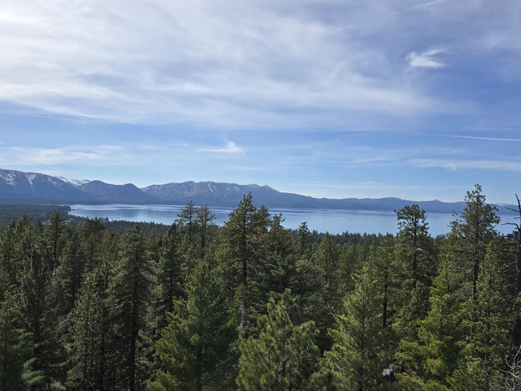 View of Lake Tahoe from scenic overlook on Van Sickle Rim Trail in Van Sickle Bi-State Park