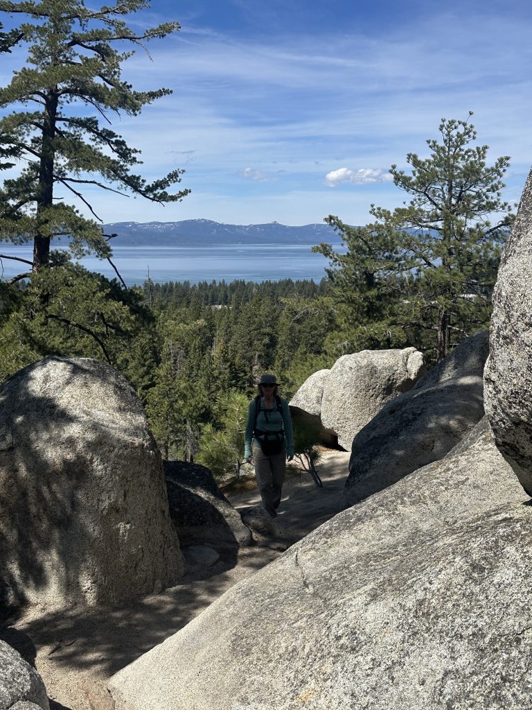 Hiking on the Barn Trail in Van Sickle Bi-State Park, with Lake Tahoe in the background