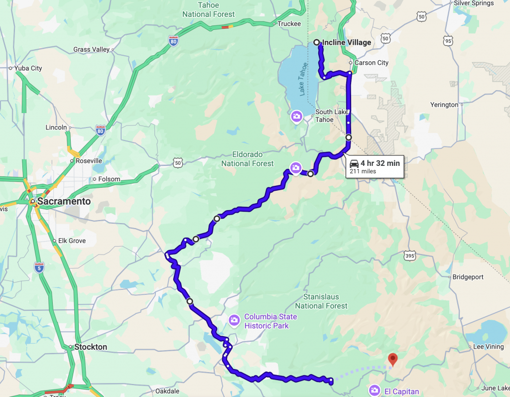 Map route from North Lake Tahoe to the entrance to Yosemite from the west side